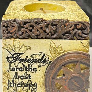 🕯️ “Friends Are the Best Therapy” Rustic Candle Holder – Compass Decor